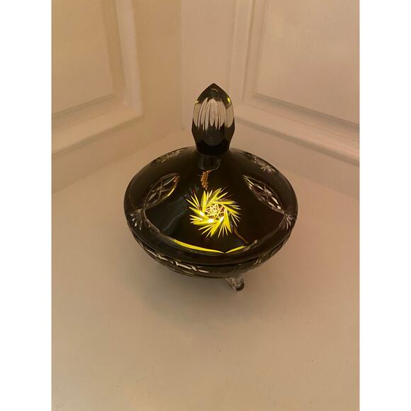 Antique Bohemian Amethyst Cut To Clear Crystal Footed Candy Dish Bowl with Lid - Picture 8 of 14